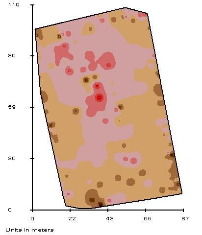 variations in soil compaction with depth. This is at 25mm with red being areas of high compaction